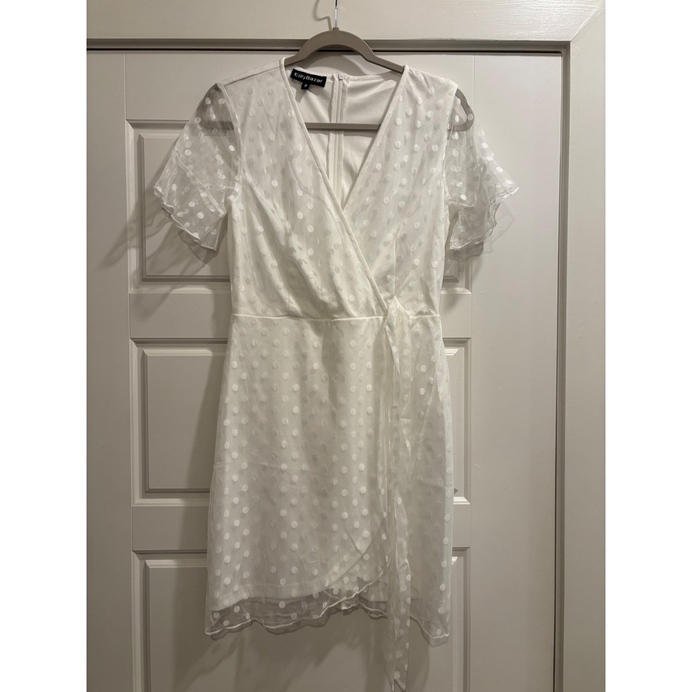 EillyBazar White Swiss Dot Mesh Wrap Mini Dress Short Flutter Sleeve V-Neck M